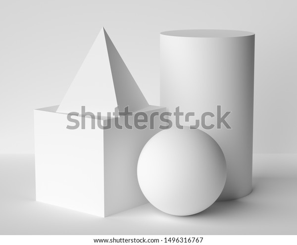 抽象的な幾何学的な平面状の立体図形は まだ生き生きとした構図です 白い背景に影と3次元ピラミッド立方体円柱球体白いオブジェクト 簡単な3dレンダリングイラスト のイラスト素材
