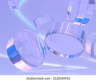 Abstract Geometric Purple Background With Shiny Glass Cylinders And Dispersion Rainbow Light, Crystal Clear Rounds In Shape Of Pucks Or Coins, Glossy Translucent Circles With Reflections, 3d Render