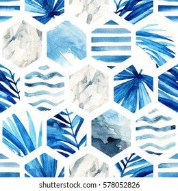 Abstract geometric seamless pattern on light background. Watercolor hexagon with palm leaves, waves, stripes and water color marble, grained, grunge, paper textures. Hand painted summer illustration