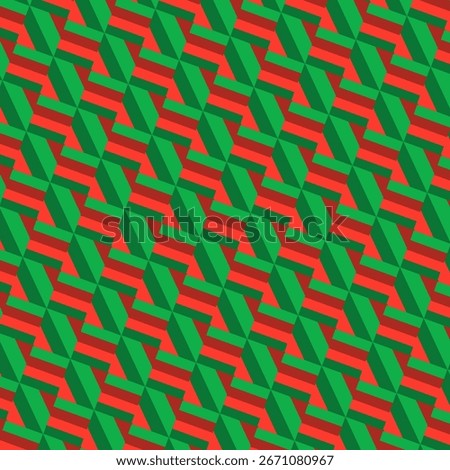 An abstract and geometric seamless pattern with a red and green color scheme. The design features interconnected, three-dimensional shapes that form a repeating "Z" or zigzag motif.