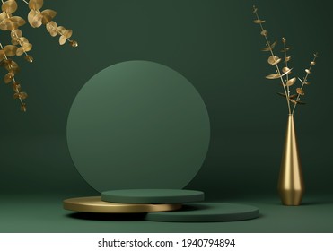 Abstract geometric shape dark green color minimalistic scene with podium, vase and gold flowers. Design for cosmetic or product identity and packaging display background. 3d render. - Powered by Shutterstock