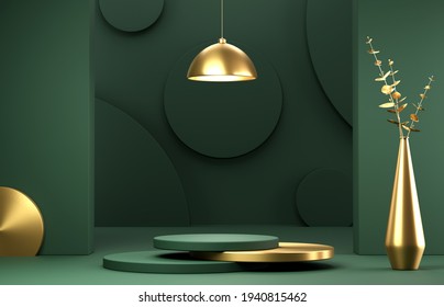 Abstract Geometric Shape Dark Green Color Minimalistic Scene With Podium, Lamp, Vase And Gold Flowers. Design For Cosmetic Or Product Identity And Packaging Display Background. 3d Render.