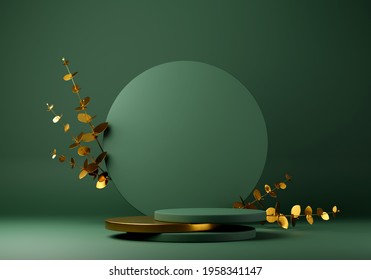 Abstract geometric shape dark green color minimalistic scene with podium, vase and gold flowers. Design for cosmetic or product identity and packaging display background. 3d render.