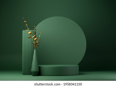 Abstract Geometric Shape Dark Green Color Minimalistic Scene With Podium, Vase And Gold Flowers. Design For Cosmetic Or Product Identity And Packaging Display Background. 3d Render.