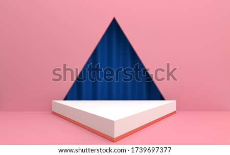 abstract geometric shape group set, pink studio background, white triangular podium, 3d rendering, scene with geometrical forms, fashion minimalistic scene, simple clean design, triangular portal with