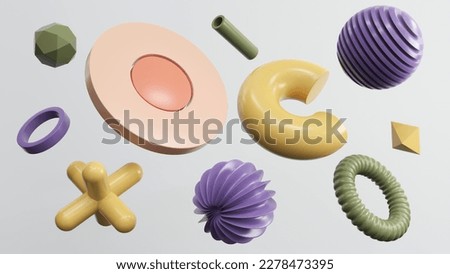 Abstract geometric shapes in different colors - 3d render. Set, composition in bright and pastel colors from objects, figures, primitives. Minimal banner, background for presentation and advertising.  ストックフォト © 