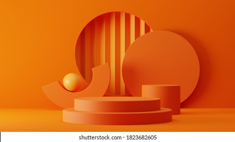 Abstract Geometric Shapes Podium For Product Display On Orange Background. 3d Rendering.