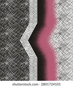 Abstract geometric textile pattern featuring crosshatched textures, zigzag elements, and pink gradient accents, suitable for sublimation printing, fashion fabrics, apparel, and surface design.