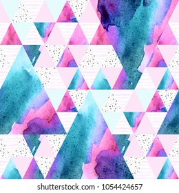 Abstract geometric watercolor seamless pattern. Triangles with watercolor paper textures. Geometrical background in shabby chic colors. Hand painted art illustration