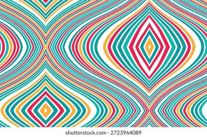 Abstract geometric wavy seamless pattern. Retro optical art texture with colorful turquoise, red, and yellow curves on white background.Psychedelic 70s style vector background. Modern repeating stripe design with diamond shapes for textile and wallpaper.