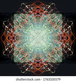 Abstract geometrical pattern design made of spiraling streaks of brilliant cyan, green, & orange lights, creating an intricate network of symmetrical biomorphic shapes on a perfect square background.