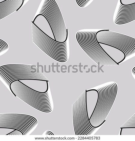 Abstract geometrical pattern with elements in optical art style. Seamless optical illusion of volume on gray background. 3d effect. Minimalistic palette. For cover, textile, packing.