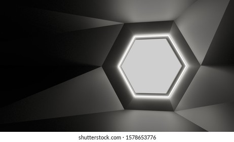 Abstract Geometry Lit By A Neon White Hexagonal Lamp. Soft Shadows. 3D Illustration. The Vanishing Point Of The Wall Geometry In The Center Of The Image On The Hex. Empty Advertising Space