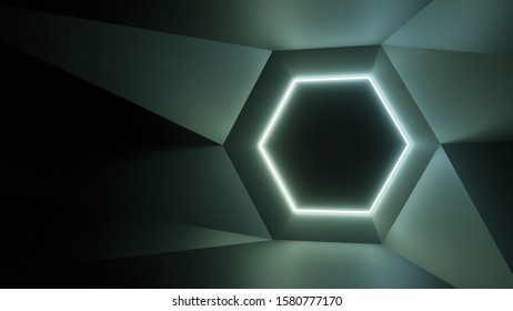 Abstract Geometry Lit By A Neon Green Hexagonal Lamp. Soft Shadows. 3D Illustration. The Vanishing Point Of The Wall Geometry In The Center Of The Image On The Hex. Empty Advertising Space