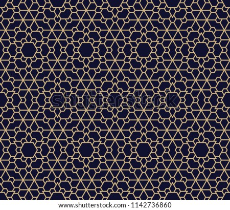 Abstract geometry pattern in Arabian style. Seamless background. Dark blue and gold graphic ornament. Simple lattice graphic design