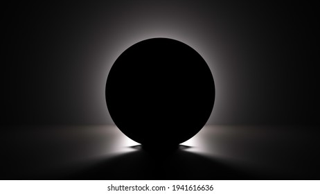 Abstract geometry shape. Outline сircle in front of light. Dark room art. Creative illustration of shadows reflection. 3d rendering