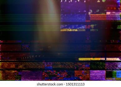 Abstract Glitch Art Background Illustration With Old Style Grunge Effect. Tv Screen Error, Vhs Camcorder And Radio Waves Background.