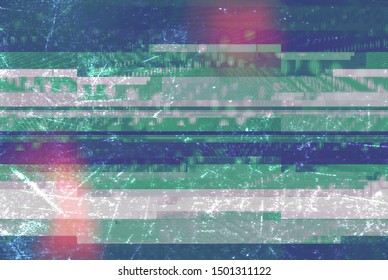 Abstract Glitch Art Background Illustration With Old Style Grunge Effect. Tv Screen Error, Vhs Camcorder And Radio Waves Background.