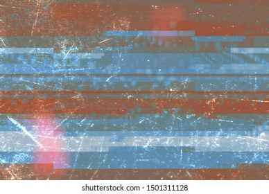 Abstract Glitch Art Background Illustration With Old Style Grunge Effect. Tv Screen Error, Vhs Camcorder And Radio Waves Background.