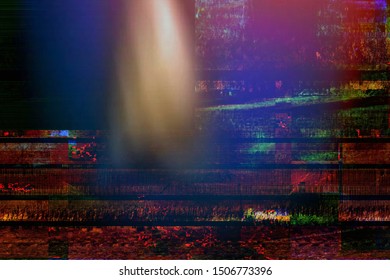 Abstract Glitch Art Background Illustration With Old Style Grunge Effect. Tv Screen Error, Vhs Camcorder And Radio Waves Background.