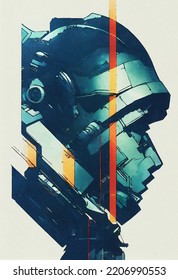 Abstract Glitched Robot Or Cyborg Soldiers Profile, Scifi Book Cover, Digital Illustration