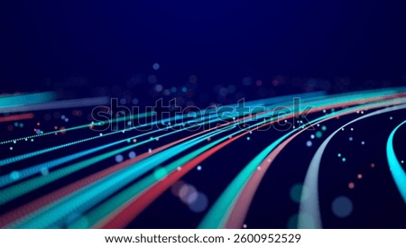 Abstract glitter particles in dark space. Network data transfer concept. 3D .