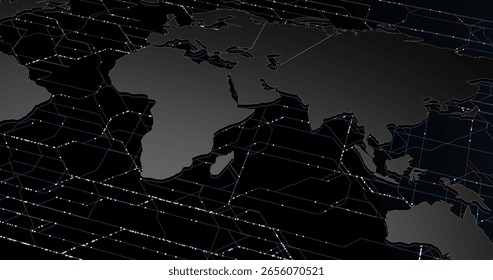 Abstract Global Network Grid Over World Map Representing Data Flow and Digital Communication Technology