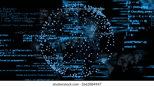 Abstract globe pulsing with nodes in virtual network with scrolling Python and Java code streams. Technology, data, network, connectivity, cyberspace, innovation, digital