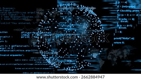 Abstract globe pulsing with nodes in virtual network with scrolling Python and Java code streams. Technology, data, network, connectivity, cyberspace, innovation, digital