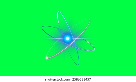 Abstract glowing atom with orbiting particles on a green background. Atom illustration with bright particles and glowing energy. Futuristic atom design. Isolated element on green background. - Powered by Shutterstock - Get 15% off with code: PIKWIZARD15