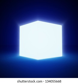 Abstract Glowing Blank Cube On Blue Background