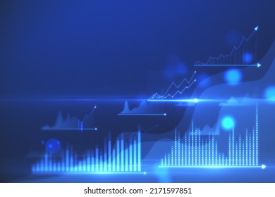 Abstract glowing business chart hologram on blurry blue bokeh wallpaper with mock up place for your text. Finance, report and ai concept. 3D Rendering