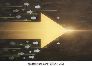 Abstract glowing digital arrows on chalkboard wall backdrop. Future, innovation and fast concept. 3D Rendering