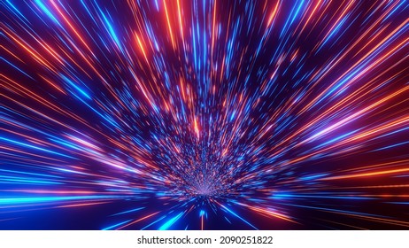 Abstract Glowing Light Rays Background. Speed Of Light Illustration. Space Science Fiction Travel, Warp, Teleport, Hyper Speed Jump Effect Concept. 3D Rendering Illustration.