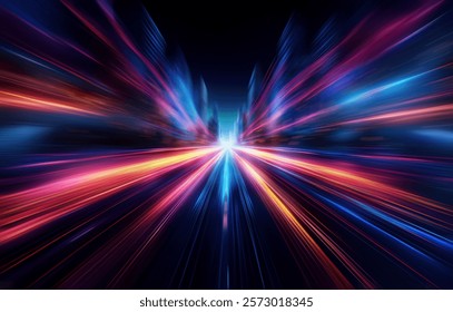 Abstract glowing light streaks creating a futuristic tunnel effect with a vibrant blue, red and yellow color scheme.