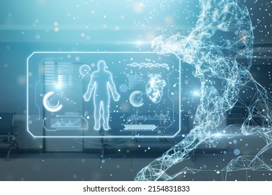 Abstract Glowing Medical Cardiology Interface On Blurry Hospital Background With Dna Helix. Hi-tech Technology And Medicine Of The Future Concept. Double Exposure And 3D Rendering