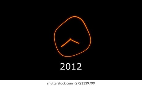 An abstract, glowing orange clock-like shape with hands is displayed above the year 2012 on a black background, suggesting a past milestone. Clear details and vibrant colors enhance visual appeal.