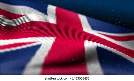 Abstract Glowing Particle Wavy Surface With United Kingdom UK Flag Texture. 8K 3D Illustration