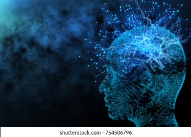 Abstract glowing polygonal head background with neurons. Artificial intelligence and network concept. 3D Rendering 