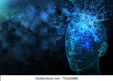 Abstract glowing polygonal head background with neurons. Artificial intelligence and information concept. 3D Rendering 