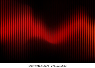Abstract glowing red light wave behind vertical black stripes background with intense neon gradient, modern futuristic texture with dynamic motion and high contrast energy flow