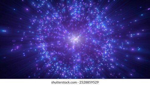 Abstract glowing sphere consisting of particles, dots and waves of purple and blue color, digital technology and atomic science background.