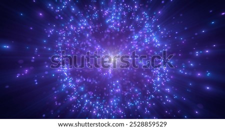 Abstract glowing sphere consisting of particles, dots and waves of purple and blue color, digital technology and atomic science background.
