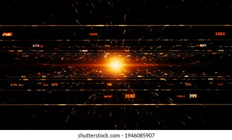 Abstract Glowing Sphere On Black Screen Surrounded By Digital Straight Lines And Numbers. Animation. Concept Of Big Data Processing.