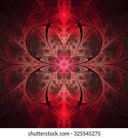 Abstract glowing stained glass with floral pattern on black background. Computer-generated fractal in red and rose colors.