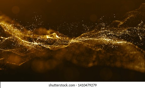 Abstract Gold Color Digital Particles Wave With Bokeh And Light Background