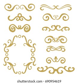 Abstract  Gold Curly Design Element Set Isolated On White Background. Dividers In Retro Style. Hand Drawn Swirls. 