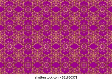 Abstract gold geometric modern design on a purple background. Texture of gold foil. Raster shiny backdrop. Gold circles seamless pattern. Art deco style.