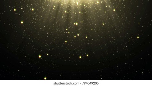 Abstract Gold Glitter Particles Background With Shining Stars Falling Down And Light Flare Or Glare Overlay Effect Above For Luxury Premium Product Design Template Backdrop. Magic Light Radiance