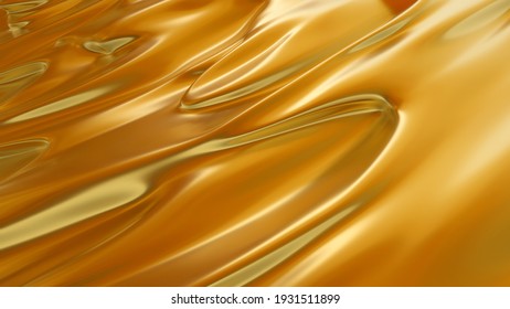 Abstract gold liquid. Golden wave background. Gold background. Gold texture. Lava, nougat, caramel, amber, honey, oil. 3d rendering